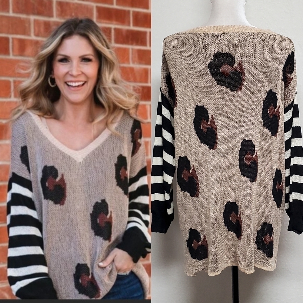 AMARYLLIS x Ashlee Nichols Love Me Leopard Mesh Knit Long Sleeve V-neck Sweater